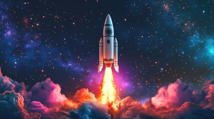 Spacecraft launching into a vibrant starry sky, surrounded by colorful clouds and bright flames, symbolizing innovation and business aspirations.