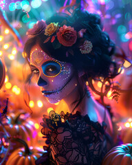 Person in mask, carnival, a woman celebrating Día de los Muertos (Day of the Dead), wearing intricate sugar skull face paint