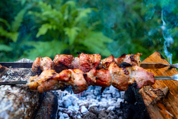 Shashlik on skewers in the forest.