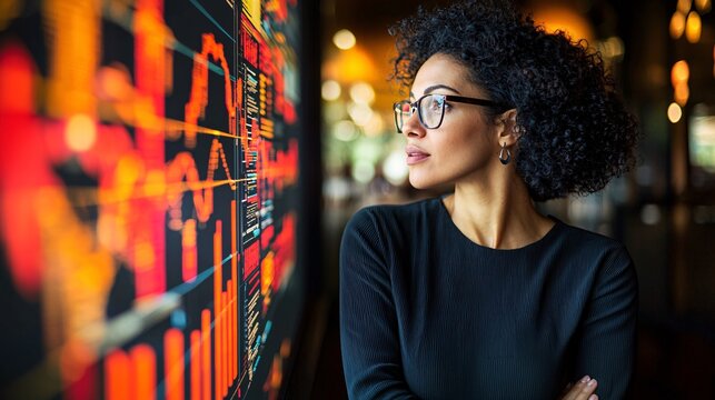 A female futurist explaining the impact of technology on shaping a sustainable future Stock Photo with side copy space
