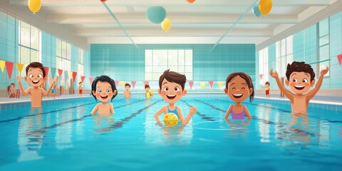 Group of happy kids learning swimming in indoor summer pool. Happy children kids group at swimming pool class learning to swim, happy summer vacation