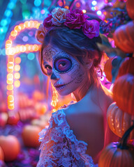 Person in mask, carnival, a woman celebrating Día de los Muertos (Day of the Dead), wearing intricate sugar skull face paint