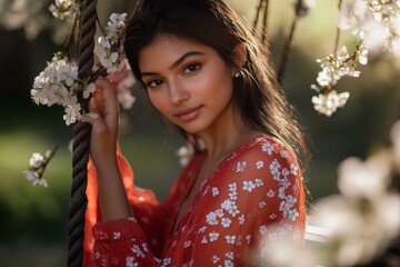 Beautiful Young Woman in Floral Dress Relaxing on Swing Surrounded by Cherry Blossom Trees - Soft Natural Light Portrait Photography