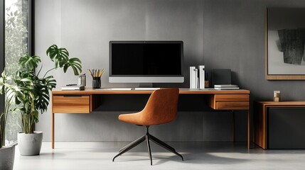 A minimalist office desk with a desktop monitor and organized supplies.