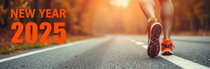 Vibrant orange running shoes on a paved road with the year 2025, symbolizing readiness for success in the new year, motivation, orange, fitness