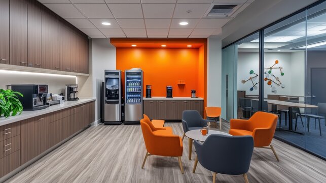 An office breakroom with a coffee machine and seating area.
