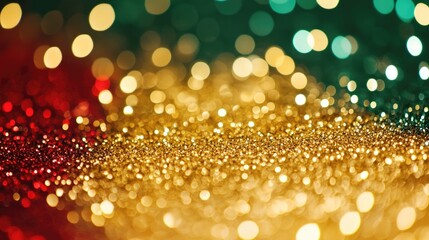 Festive abstract background with soft blurred bokeh of golden, yellow, red, and green glitter lights creating a celebratory atmosphere ideal for events.
