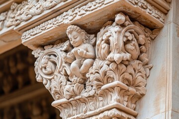 Obraz premium Ornate stone carving featuring a cherubic figure amidst floral motifs.