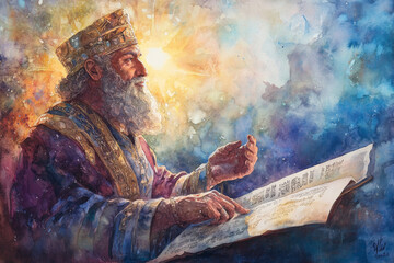 A peaceful and wise King Solomon in a contemplative pose, surrounded by scrolls and symbols of wisdom. The watercolor painting captures his reflective nature as he looks towards a bright, divine light