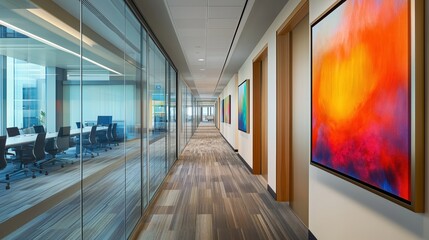 A hallway in a modern office with glass walls and artwork.