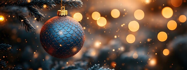 realistic Christmas bauble in fish scales, colors: navy blue and coral; festive, bright, beautiful background. Blurry lights, golden bokeh, creating a visually appealing scene for Christmas decoration