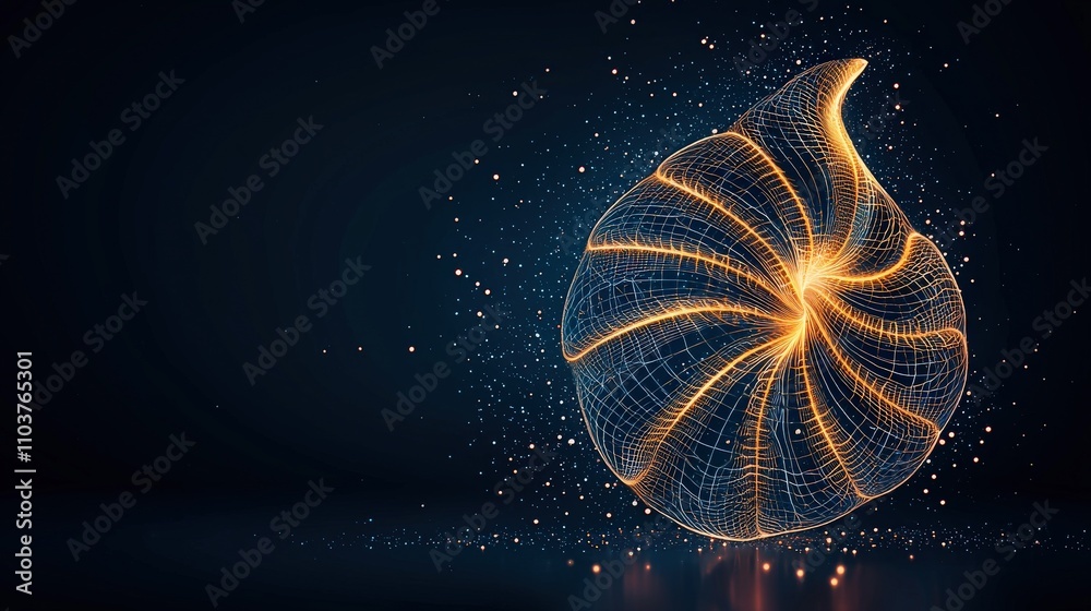 Poster a stunning abstract representation of a shell, using bright orange lines against a dark background, 