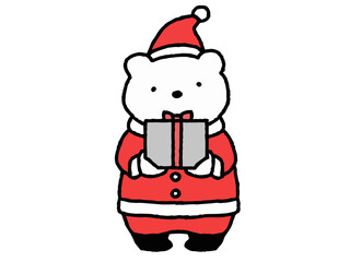 クリスマスプレゼントを持ったサンタクマ　ゆるい手描きイラスト