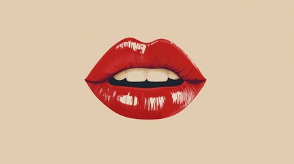 Stylized depiction of bold red female lips with a glossy finish, showcasing a bit of white teeth against a soft beige background.