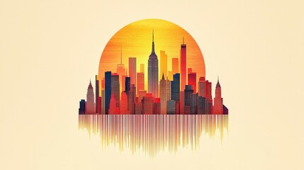 A stunning abstract skyline silhouette featuring iconic skyscrapers against a warm sunset, perfect for modern urban themes and graphics.