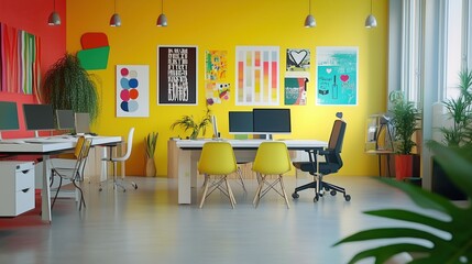 A colorful office environment with motivational posters and creative decor.