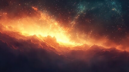 Naklejka premium Mystical desert landscape at dusk showcasing vibrant sand dunes against a starry sky filled with galaxies and nebulae, creating a surreal atmosphere.