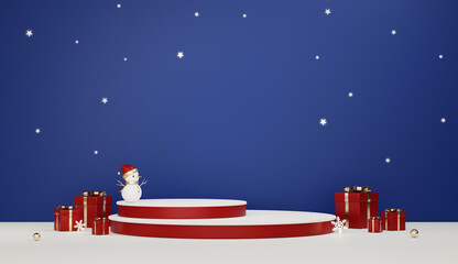 3D rendering red and white product display stage, with cute snowman and gift boxes on dark blue sky background. Luxury Christmas night sale presentation scene.