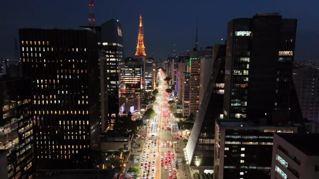 Aerial view of Paulista Avenue by night - S&atilde;o Paulo, Brazil