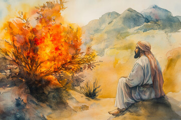 Moses, in ancient robes, gazing at the burning bush that is not consumed by the flames. The scene is captured in soft watercolor hues, with the vibrant fire contrasting against the desert's muted