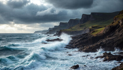 Fototapeta premium A stormy sea crashes against dramatic cliffs, showcasing nature's raw power and beauty.
