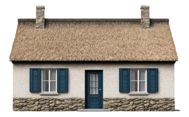 PNG Traditional cottage with thatched roof and stone chimney