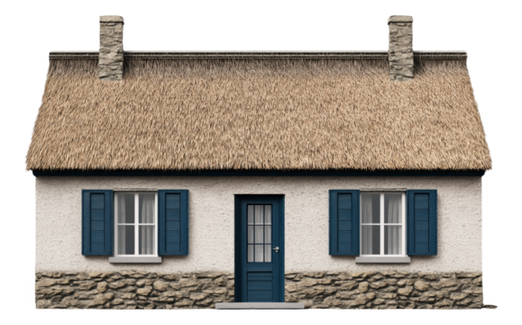 PNG Traditional cottage with thatched roof and stone chimney