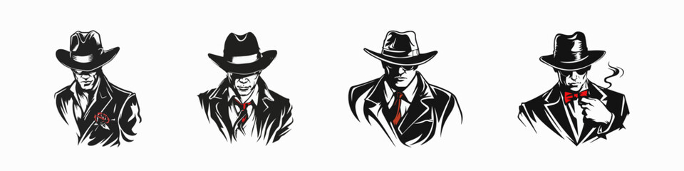 Stylized silhouettes of four gangster figures with hats