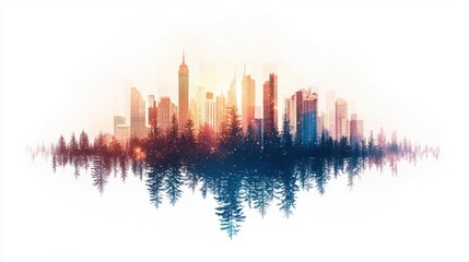 Fototapeta premium A stunning city skyline silhouette mirrored by lush forests, capturing the harmony between urban development and nature's beauty at dawn.