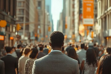 Fototapeta premium Anonymous Man in Suit, Busy Metropolis Background