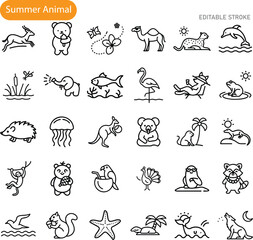 Summer Animal Icons Diverse Wildlife, Editable Stroke, Line Art © Bappaditya Roy