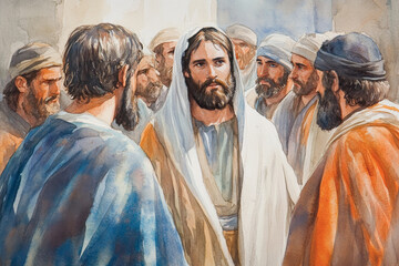 Naklejka premium Jesus speaking with authority to the Pharisees, his face calm yet firm. The watercolor uses cool blues, soft grays, and light oranges to represent wisdom, clarity, and divine truth.