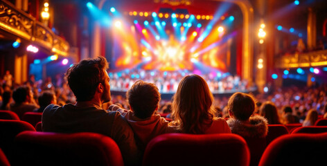 A family enjoys a Broadway musical in a grand theater with vibrant costumes and dazzling lights.






