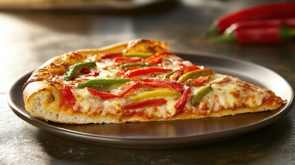Delicious Freshly Baked Pepperoni and Bell Pepper Pizza Slice on Table