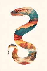 Obraz premium Artistic Snake Silhouette with Colorful Landscape Design - Vintage Nature Illustration, Wildlife Art, Home Decor, and Creative Graphic Design
