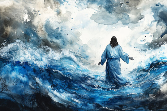 A watercolor depiction of Jesus calming a storm at sea, with dramatic clouds and waves painted in fluid, expressive strokes of blue, gray, and white.