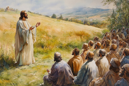 Jesus preaching to a group of followers, with an open field in the background, speaking of faith and forgiveness. The watercolor uses gentle greens, soft blues, and warm browns to convey peace and