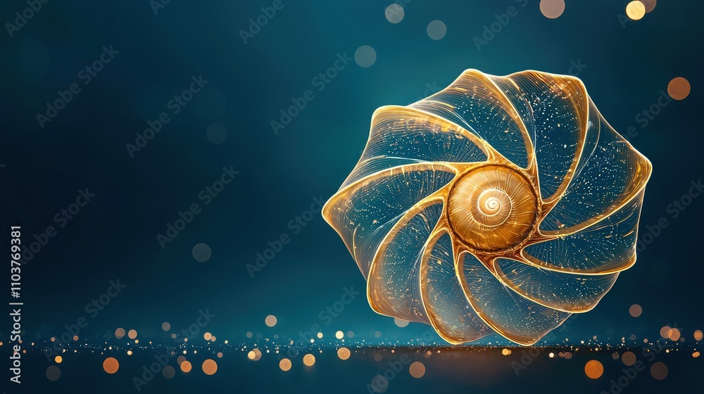 Poster a stunning nautilus shell with intricate patterns and a shimmering surface, set against a blurred bl
