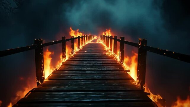Burning Wooden Bridge at Night