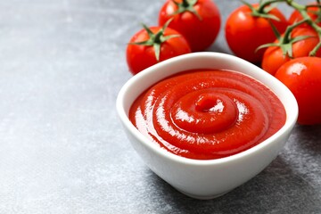 Bowl of ketchup or tomato sauce. Vegan. Ingredients for salad. Organic food