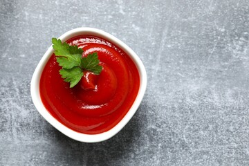 Bowl of ketchup or tomato sauce. Vegan. Ingredients for salad. Organic food