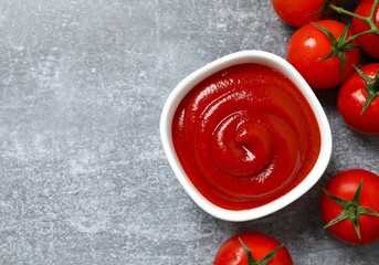 Bowl of ketchup or tomato sauce. Vegan. Ingredients for salad. Organic food