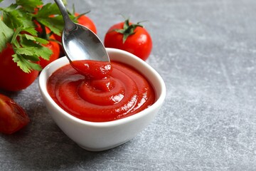 Bowl of ketchup or tomato sauce. Vegan. Ingredients for salad. Organic food