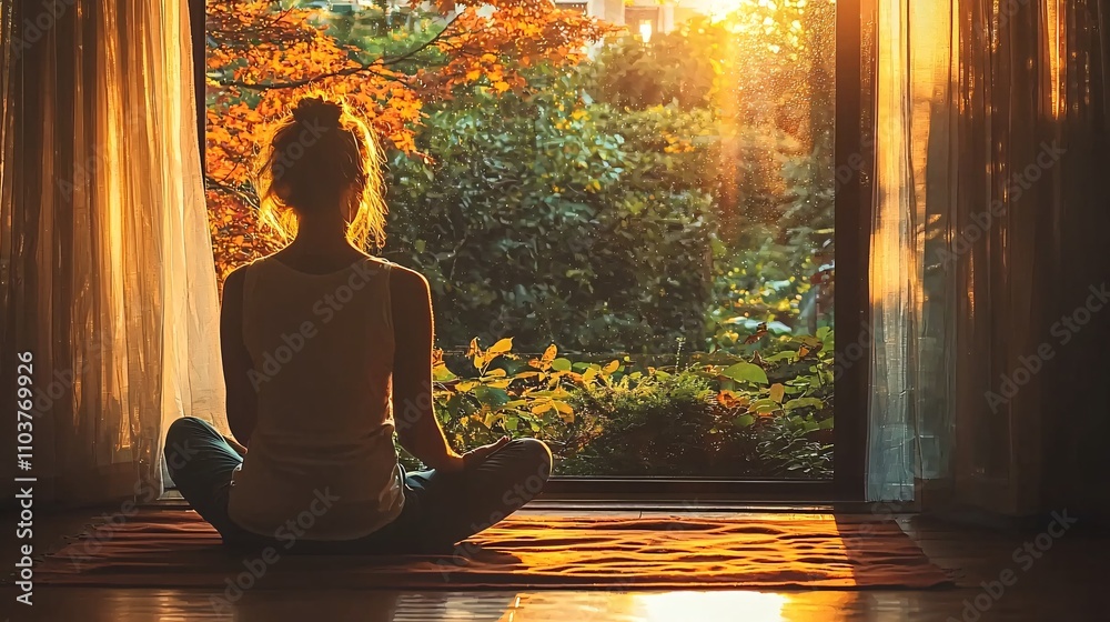 Poster a mother finding balance through morning meditation before diving into work and family tasks stock p