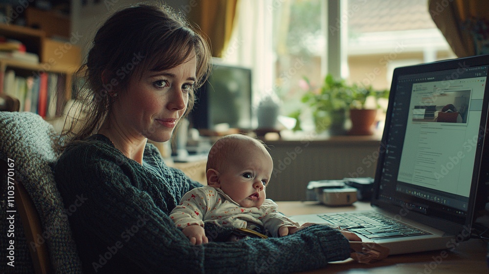 Poster a mother blending her family and work lives seamlessly in a tech-forward home setting stock photo wi