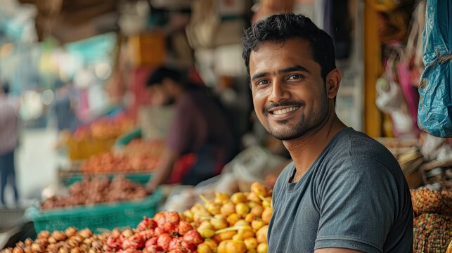 Cheerful vendor in vibrant market showcasing fresh produce and fruits