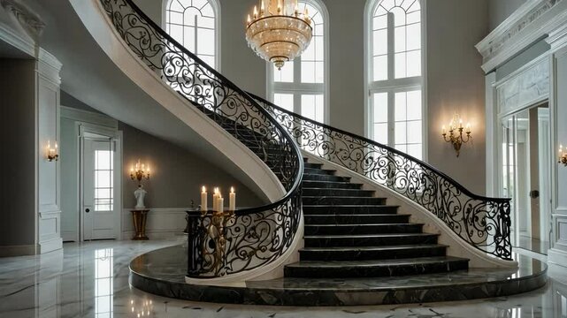 Video footage of grand, curved staircase with ornate iron railings, marble steps, and a large chandelier in a luxurious, elegant foyer with tall windows and classical decor.