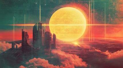 Vintage sci-fi scene with a textured grainy look, showcasing retro futurism elements and a large sun hovering over a futuristic cityscape in vibrant colors.