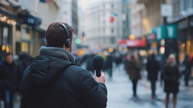Urban Scene with Man Holding Microphone in Crowded City Street