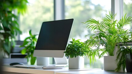 Fototapeta premium Office work space with desk and computer screen between green plants and large bright windows